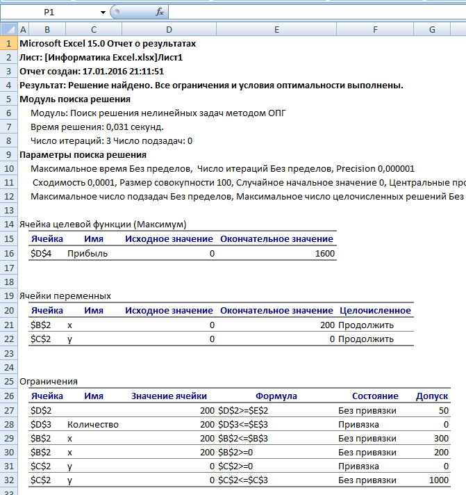 Отчет о результатах