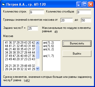 Экранная форма программы с примером решения
задачи