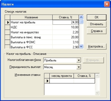 Окно «Налоги» из меню «Окружение»
